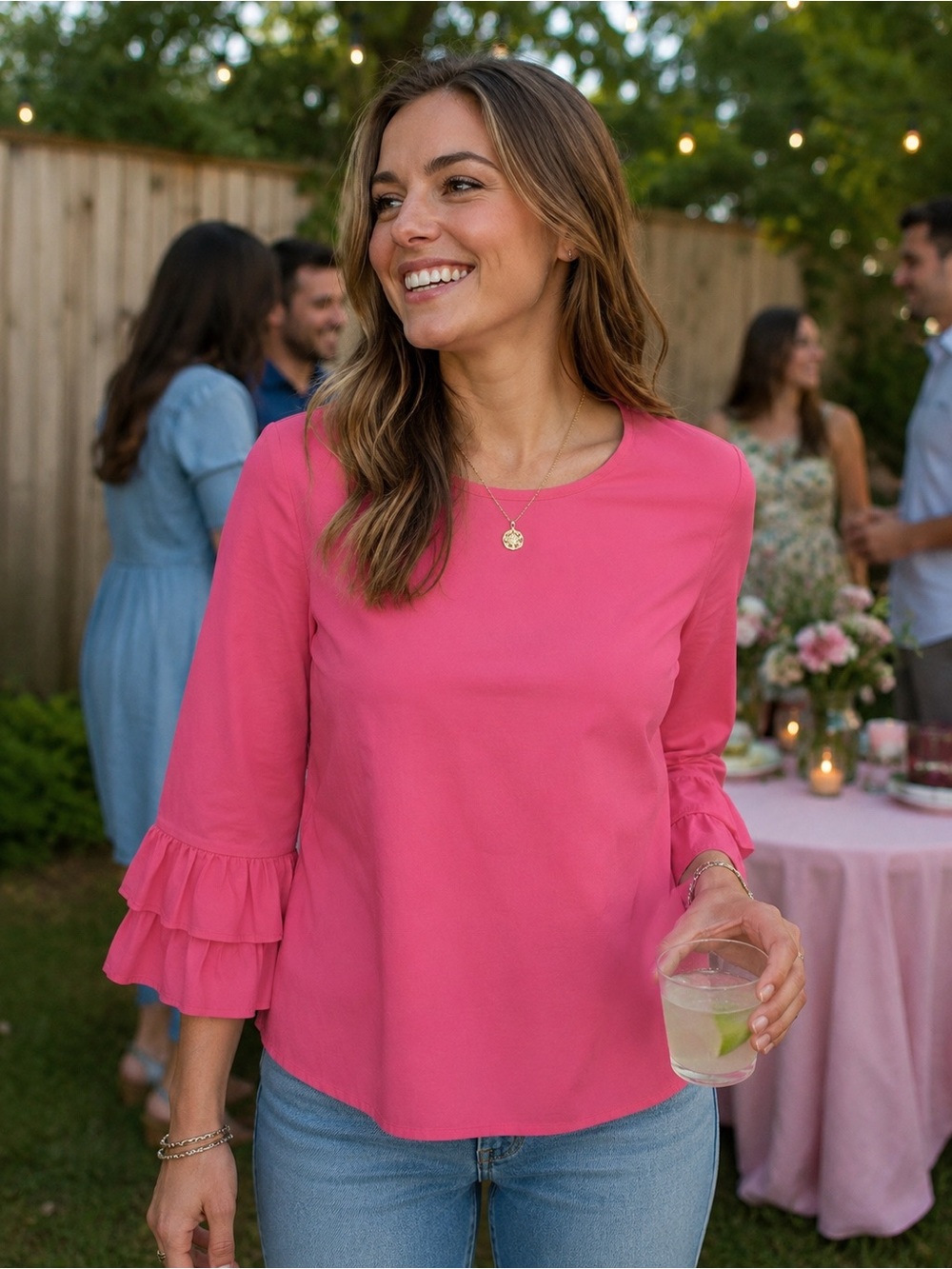 J. Crew Vibrant Pink Cotton Top with bell tiered sleeves, roomy size 4. EUC